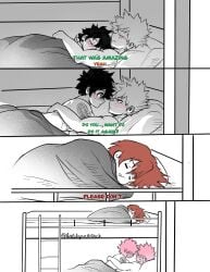 2boys 3boys after_sex after_sex aneclipseatdusk bakudeku bakugou_katsuki bed blush boku_no_hero_academia bones_(company) completely_nude curly_hair double_bed eijirou_kirishima embarrassed freckles green_eyes green_hair izuku_midoriya katsuki_bakugou kirishima_eijirou large_hair lying messy_hair midoriya_izuku my_hero_academia nude red_eyes red_hair scar scar_on_arm sex shounen_jump speeling spiked_hair sweatdrop yaoi