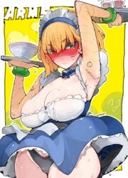 1girls annoyed_expression armpits arms_(game) arms_up big_breasts black_panties blonde_hair blush bracelet cleavage clothes_lift heels maid maid_headdress maid_outfit maid_uniform mask masked min_min_(arms) nintendo no_bra panties sarukaiwolf short_hair sweat takayama_toshinori thick_thighs thighs underwear upskirt vein
