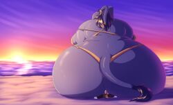 1boy 1girls asscheeks beach beach_background big_ass big_butt bikini butt_bigger_than_head dialogue digital_media_(artwork) duo duo_focus elephant elephant_tail elephant_trunk facesitting female hi_res jeffrey_beagle_(robthehoopedchipmunk) large_ass larger_female male ocean ocean_background purple_hair purple_hair_female robthehoopedchipmunk sand sitting_on_person smaller_male sunset tiny_bikini vega_(robthehoopedchipmunk)