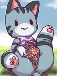 3:4 animal_crossing anthro anus blush blush_lines bodily_fluids dark_anus diru domestic_cat felid feline felis female genital_fluids genitals grotesque_genitals hi_res lolly_(animal_crossing) long_inner_labia mammal nintendo pawpads pussy pussy_juice solo spread_pussy spread_vulva urethra vaginal_fluids vulva