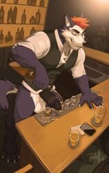 4_toes 5_fingers absurd_res alcohol alcohol_on_penis ambiguous_gender anthro background_character balls bar bartender beverage biped bottle bottomless canid canine chest_tuft claws clothed clothing container cup digital_media_(artwork) drinking_glass electronics erection feet finger_claws fingers fur genitals glass glass_container glass_cup group hair hi_res humanoid_genitalia humanoid_penis inside looking_at_viewer male male_focus mammal mostly_offscreen_character multicolored_body multicolored_fur orange_hair penis phone pointy_ears pouring_alcohol pouring_drink prick_ears purple_body purple_fur red_eyes rolled_up_sleeves russell_allen shirt shot_glass signature smile smirk solo_focus standing tail toe_claws toes topwear tuft two_tone_body two_tone_fur vest white_body white_clothing white_fur white_shirt white_topwear