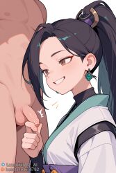 1boy 1girls ai_generated boosty_username brown_eyes female flaccid foreskin holding_penis kirill782 long_hair male penis ponytail sage_(valorant) small_penis smile stable_diffusion telegram_username uncircumcised valorant watermark