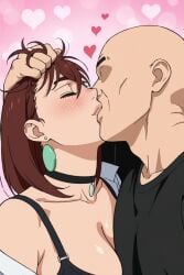 1girls age_difference ai ai_generated ayase_momo bald_male big_breasts black_shirt bra_strap brown_hair busty cheating cheating_female cheating_girlfriend cleavage cute dandadan earrings envia flirting hair_grab head_grab kissing loose_clothes making_out messy_hair momo_ayase muscular_male netorare ntr off_shoulder older_male plain_background younger_female