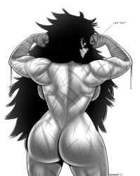 1girls ass bandage bandaged_arm black_eyes black_hair deadmannart dialogue english_text female female_only flexing_bicep greyscale grin grinning_at_viewer long_hair looking_at_viewer looking_back looking_back_at_viewer muscular muscular_female nude nude_female ramia-yana ramia_(ramia-yana) rear_view scars scars_all_over sideboob smiling smiling_at_viewer solo talking_to_viewer thick_ass white_background