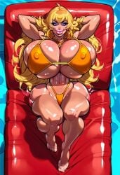 ai_generated big_breasts big_lips bikini blonde_hair laying_down massive_breasts nipples_visible_through_clothing pool ptriot_arc rwby yang_xiao_long