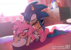 1boy absurdres amy_rose aribujitosnsfw ass bare_legs barefoot bed bed_sheet bedroom blanket blue_fur blue_hair breasts chao_(sonic) cum cum_in_pussy drawer egg eyelashes feet female gloves green_eyes grin hedgehog highres huge_ass huge_filesize legs looking_back lying medium_hair on_bed on_stomach penis pillow pink_fur pink_hair sega sex small_breasts smile sonamy sonic_(series) sonic_the_hedgehog spiked_hair straight stuffed_toy sweat sweatdrop tail teeth testicles toy vaginal_penetration window
