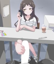 ... 1boy absurdres blank_censor bored brown_eyes brown_hair cellphone censored chair closed_mouth drink erection feet female footjob highres holding holding_phone idolmaster idolmaster_million_live! indoors kitazawa_shiho long_hair looking_at_phone multitasking ohgi910 on_chair pen penis phone pov pov_crotch shirt shoes short_sleeves sideways_glance single_bare_foot single_shoe sitting smartphone straight striped_clothes striped_shirt table toenails toes