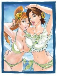 2girls anime_style armpits arms_up bead_bracelet belly belly_button big_breasts bikini bikini_bottom bikini_top bleach bleach:_the_thousand-year_blood_war bracelet breast_press breast_to_breast breasts breasts_touching brown_eyes brown_hair busty clavicle cleavage clothing cloud collarbone curvy curvy_figure day digital_media_(artwork) duo duo_focus fanart flower flower_in_hair frilled_bikini frills front_view green_bikini green_swimsuit hair_ornament hand_on_another's_hip high_resolution highres huge_breasts inoue_orihime kurosaki_masaki large_breasts light-skinned_female light_skin lipstick long_hair looking_at_viewer mature_female midriff multiple_girls narrow_waist navel official_style one_eye_closed open_mouth orange_eyes orange_hair outdoors ponytail posing rozuberry short_hair side-tie_bikini sky smile standing stomach string_bikini summer sunflower sunflower_hair_ornament swimsuit swimwear tied_hair time_paradox underboob upper_body voluptuous voluptuous_female wide_hips wink