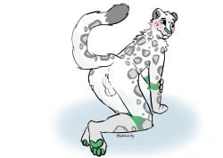 absurd_res all_fours anthro anticipation anus ass backsack balls blush coalcolorhusky felid genitals hi_res karno_(coalcolorhusky) looking_away male mammal pantherine pawpads paws presenting presenting_anus presenting_hindquarters raised_tail simple_background smile snow_leopard solo tail white_background white_balls white_body
