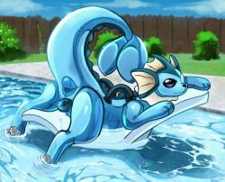 alternate_version_at_source animate_inanimate anus blue_body canine_vulva digital_drawing_(artwork) digital_media_(artwork) eeveelution feet female feral fin frill_(anatomy) generation_1_pokemon glistening glistening_body hi_res inflatable living_inflatable looking_at_viewer lying nintendo on_front outside partially_submerged pawpads pokemon pokemon_(species) pool_toy poolside prince-vulpine quadruped rear_view smile soles solo vaporeon water wet