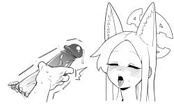 1boy animal_ear_fluff animal_ears asahina_yoshitoshi blue_archive blush closed_eyes ear_blush erection female fox_ears greyscale halo highres long_hair male male_masturbation masturbation monochrome multi_ear open_mouth penis precum seia_(blue_archive) simple_background solo_focus tongue tongue_out uncensored white_background