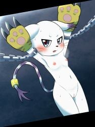 3:4 bandai_namco bodily_fluids bondage bound breasts breath cuff_(restraint) digimon digimon_(species) female gatomon genitals hands_up hi_res koufun looking_at_viewer navel nipples nude pussy restraints shackles small_breasts solo sweat vulva