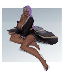 barefoot blue_eyes breasts cleavage dark_skin female hood large_breasts solo