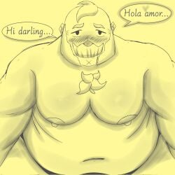 bara big_breasts big_nipples brawl_stars breasts chubby exposed_breasts fat fat_ass fat_male gay hair huge_breasts huge_nipples makjhus male nipples no_color sam_(brawl_stars) seductive seductive_look solo spanish_text text text_bubble