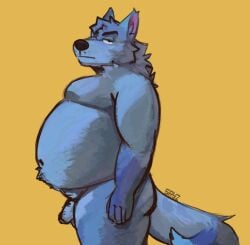 2025 anthro bedroom_eyes belly blue_body blue_fur body_hair dan_(spyz) flaccid fluffy fur genitals happy_trail hi_res looking_at_viewer male moobs narrowed_eyes navel neck_tuft overweight overweight_male penis seductive serious_face shaded side_view simple_background soft_shading solo spyz_(artist) tail tuft watermark