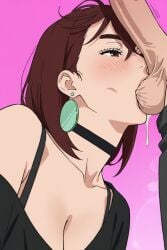 1girls admiring age_difference ai ai_generated ayase_momo big_breasts big_penis black_shirt bra_strap brown_hair busty cheating cheating_female cheating_girlfriend cleavage cute dandadan earrings imminent_oral looking_at_penis loose_clothes messy_hair momo_ayase muscular_male netorare ntr off_shoulder older_male plain_background sucking_testicles thick_penis younger_female