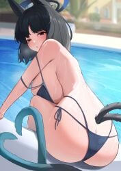 absurdres alternate_costume animal_ears ass bikini black_eyes black_hair blue_archive blue_bikini breasts butt_crack cat_ears female from_behind gradient_halo gradient_tail halo highres jiang_(kplrt_07) kikyou_(blue_archive) kikyou_(swimsuit)_(blue_archive) large_breasts looking_at_viewer looking_back multi-strapped_bikini_bottom multi-strapped_bikini_top multicolored_halo multiple_tails official_art paid_reward_available pool short_hair side-tie_bikini_bottom sideboob solo string_bikini swimsuit tail two_tails