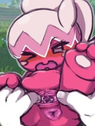 3:4 anus bodily_fluids diru female game_freak generation_9_pokemon genital_fluids hi_res humanoid interspecies nintendo not_furry one_eye_closed pokemon pokemon_(species) pokephilia puffy_anus slightly_chubby solo spread_vulva tinkatuff urethra vaginal_fluids