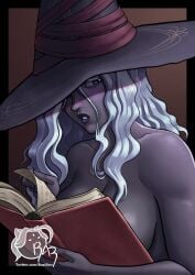 1girls 2025 black_body black_eyes book covered_breasts elden_ring elden_ring_nightreign female female_only fromsoftware hi_res long_hair looking_at_viewer nude nude_female ouch_meme razillon recluse_(nightreign) shaded solo white_eyelashes white_hair witch_hat