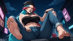 ai_generated ai_text aqua_nails asami aurora bare_shoulders barefoot beanie black_nails blue_eyes blue_nails breasts building choker city cloud collar denim dirty dirty_feet feet feet_up female fingernails foot_focus foreshortening full_moon hat jeans large_breasts long_hair long_toenails moon multicolored_hair night night_sky pants pink_nails red_hair red_nails sharp_toenails shooting_star single_pantsleg single_shoe sky skyscraper soles solo space spread_legs spread_toes starry_sky toe_ring toe_scrunch toes torn_clothes torn_jeans