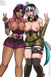 2girls battle_breakers beach_jules black_nails breasts chocolate_and_vanilla dark-skinned_female eyewear_on_head female female_only fingernails fortnite jules_(fortnite) light-skinned_female multiple_girls nail_polish qo razor_(battle_breakers) short_hair thighs tyrana white_hair