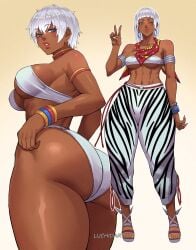 1girls 2025 abs animal_print arm_at_side arm_up armband armlet arms_up artist_name ass bare_shoulders bikini bikini_bottom_only blue_eyes blue_hair blunt_bangs border bracelet breasts brown_background capcom closed_mouth collarbone commentary covered_erect_nipples curvy dark-skinned_female dark_skin earrings elena_(street_fighter) english_commentary female full_body gradient_background hair_between_eyes highleg highres hoop_earrings huge_ass jewelry large_breasts lips looking_at_viewer luchidart midriff multiple_views no_bra official_alternate_costume one_eye_closed outside_border pants parted_lips red_scarf revealing_clothes sandals scarf shiny_skin short_hair short_sleeves signature simple_background smile solo street_fighter street_fighter_6 swimsuit thick_lips thick_thighs thighs thong toenails toned toned_female underboob underwear v very_dark_skin white_border white_nails wide_hips wink zebra_print