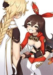 1boy 1girls aether_(genshin_impact) amber amber_(genshin_impact) color drawing female genshin_impact handjob long_hair male masturbation mihoyo smiling tagme