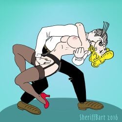 blondie_(comic) blondie_bumstead clothed_male_nude_female dagwood_bumstead fingering garter_belt high_heels husband_and_wife sheriff_bart stockings straight