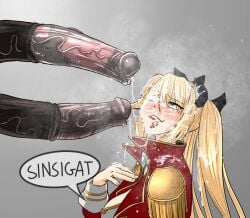animal_genitalia animal_penis blonde_hair cum cum_drip cum_on_body cum_on_face disembodied_penis equine_penis female horsecock huge_cock huge_cock large_penis musk musk_clouds penis sinsigat tagme