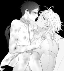 2boys age_difference bishonen bruise bruised bruises collar completely_nude eriurias73 fear_and_hunger fear_and_hunger:_termina femboy gay gloves leash levi_(fear_and_hunger) looking_at_another male male_only monochrome muscular muscular_male no_visible_genitalia nude pavel_yudin profile side_view sitting_on_lap sitting_on_person twink yaoi
