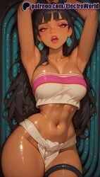 1girls 2025 ai_generated armpits artist_name black_hair breasts breasts breasts bust chel chel_(the_road_to_el_dorado) chest dark-skinned_female dark_skin dreamworks earrings electroworld female hi_res high_quality high_resolution highres jewelry laying_down long_hair looking_at_viewer lying lying_on_back makeup navel on_back patreon patreon_username solo stable_diffusion sweat the_road_to_el_dorado watermark