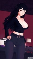 1girls arrancon black_hair black_hair_female cleavage clothed_female female hand_on_hip long_hair long_hair_female nipple_slip raven_branwen red_eyes rwby solo_female
