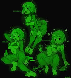 1girls alcohol barefoot bethesda_softworks big_breasts bodysuit bra breasts clothed clothing drugged drugs drunk english_text fallout fallout_(series) fallout_new_vegas female female_only gameplay_mechanics green_background green_theme highres human mob_face monochrome mostly_clothed obsidian_entertainment solo syringe text vault_girl vault_meat vault_suit waa153