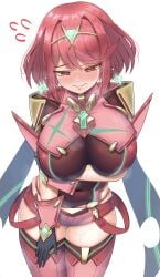 1girls black_gloves blush breasts chest_jewel core_crystal_(xenoblade) cowboy_shot earrings female gloves highres huge_breasts jewelry large_breasts meipasuye pyra pyra_(xenoblade) red_eyes red_hair red_shorts short_hair shorts simple_background solo tiara white_background xenoblade_(series) xenoblade_chronicles_(series) xenoblade_chronicles_2
