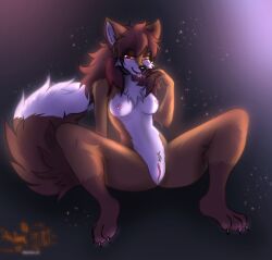 anthro astralia_(art) bodily_fluids breasts brown_body brown_fur canid canine female fox fur genitals hair hi_res mammal nipples paws presenting_vulva saliva simple_background solo solo_focus spread_legs spreading tail tongue tongue_out vulva watermark white_body white_fur