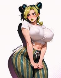 ai_generated forbidden_pants fr34ky huge_breasts jojo's_bizarre_adventure jolyne_cujoh jolyne_kujo leggings thick_thighs tied_shirt