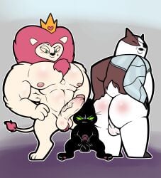 abs absurd_res annoyed anthro ass badger badgerclops balls biceps big_butt big_muscles big_pecs black_body black_fur blush body_hair cartoon_network chest_hair cybernetics cyborg digital_media_(artwork) domestic_cat erection felid feline felis fur genitals group half-closed_eyes hand_on_hip hi_res huge_butt humanoid_genitalia humanoid_penis joalmidon king_snugglemagne_xxv lion looking_at_viewer looking_back machine male male/male mammal mao_mao:_heroes_of_pure_heart muscular muscular_anthro muscular_male mustelid musteline narrowed_eyes nipples nude overweight overweight_anthro overweight_male pantherine pecs penis penis_on_face presenting presenting_hindquarters pubes secretly_loves_it sheriff_mao_mao_mao size_difference smile thick_thighs trio wide_hips
