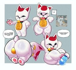 2025 absurd_res anthro asian_mythology ass ball_in_ass bell bell_collar big_butt blush bottle collar container crazy_eyes crazy_smile dandadan east_asian_mythology english_text feet felid feline female gold_(metal) hi_res hindpaw japanese_mythology koban_(coin) looking_at_viewer mammal maneki-neko mocking mythology navigator8 nude nude_female overweight overweight_anthro overweight_female pawpads paws smile solo speech_bubble tail text thick_thighs turbo_granny_(dandadan) water_bottle yokai