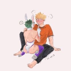 2boys ass ass_focus awkward bakudeku bakugou_katsuki barefoot bent_over blonde_hair blush boku_no_hero_academia bones_(company) boots cosplay curly_hair excited freckles gloves green_hair huge_ass izuku_midoriya katsuki_bakugou leotard messy_hair midoriya_izuku mirko my_hero_academia pancakeice_twt pants rabbit_ears rabbit_tail scar scar_on_arm seductive_ass shirt shounen_jump sitting spiked_hair yaoi