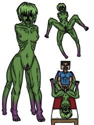 areolae bed breasts creeper_(minecraft) creeper_girl green_hair green_skin interspecies minecraft multiple_limbs self_upload steve_(minecraft) vagina vaginal_penetration white_background