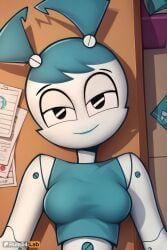 1girls ai_generated android aqua_hair black_eyes blue_hair breasts colored_skin crop_top hi_res jenny_wakeman joints looking_at_viewer lying medium_breasts my_life_as_a_teenage_robot nickelodeon nicktoons on_back paper robot robot_girl robot_joints rule34lab screw shirt smile solo twintails upper_body white_body white_skin wooden_floor xj-9