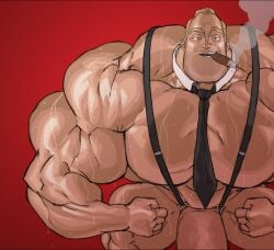 big_penis cigar flexing hyper_muscles pecs remert robert_parr suspenders sweat