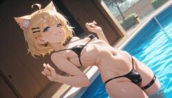 1futa ahoge ai_generated animal_ear_fluff animal_ears bangs bare_shoulders bikini black_bikini black_swimsuit blonde_hair blue_eyes blush bodily_fluids breasts bulge cat_ears clothing day ear_piercing earrings extra_ears futanari grin hair_ornament hairclip hands_up hi_res highres intersex jewelry lips looking_at_viewer male micro_bikini navel original outdoors parted_lips partially_submerged piercing pool short_hair skindentation small_breasts smile solo standing stomach string_bikini sweat swimsuit teeth testicles thigh_strap thighs trap wading water wet