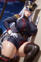 ai_generated erect_nipples huge_breasts knee_up mato_seihei_no_slave military_uniform nipples pink_eyes standing thick_thighs thigh_highs thighs uzen_kyouka white_hair