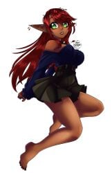 aliciaxlife breasts dark-skinned_female dark_elf dark_skin elf elf_ears elf_female elf_girl female green_eyes jewelry looking_at_viewer queen red_hair solo solo_female virtual_youtuber vtuber youtuber