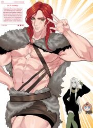 2boys armor bara barbarian big_pecs enki_ankarian facial_scar fur_armor long_hair long_hair_male male male_focus miniskirt muscular muscular_male pecs ragnvaldr red_hair revealing_clothes scar scar_across_eye skirt smile solo_focus the_girl_(fear_and_hunger) thick_thighs v_sign yellow_eyes
