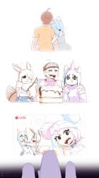 blue_hair cake comic dizzy_eyes dylan_(gammainks) eevee eeveelution excited gammainks hair_net hi_res holding_arm iono_(pokemon) kirlia mandy_(gammainks) nintendo pokemon pokemon_(species) shadowy_figure star_eyes tears tears_of_joy valerie_(gammainks)