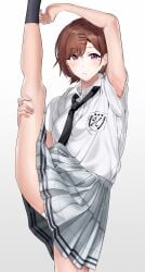 1girls absurdres armpits black_necktie breasts brown_hair flexible hair_ornament hairclip highres higuchi_madoka idolmaster idolmaster_shiny_colors kneepits leg_hold leg_lift leg_up legs looking_at_viewer mole mole_under_eye necktie panties pantyshot pleated_skirt pol_winner purple_eyes school_uniform short_hair short_sleeves simple_background skirt solo split standing standing_on_one_leg standing_split stretching thighs underwear white_background