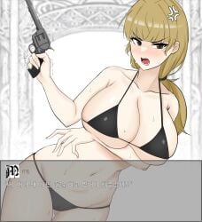 anger_vein angry annoyed arm_under_breasts big_breasts bikini black_bikini blonde_hair blunt_bangs blush cleavage fear_and_hunger fear_and_hunger:_termina female female_only grey_eyes gun karin_(fear_and_hunger) korean_text long_hair looking_at_viewer low_ponytail pistol ponytail solo sweat weapon wide_hips