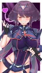 absurdres alternate_color black_hair black_shorts blush bob_cut border breasts brown_eyes chest_jewel commentary core_crystal corruption cowboy_shot earrings female heart highres holding holding_whip jewelry large_breasts leotard meipasuye parted_lips purple_background purple_leotard pyra short_hair short_shorts shorts smirk solo tiara white_border xenoblade_(series) xenoblade_chronicles_2